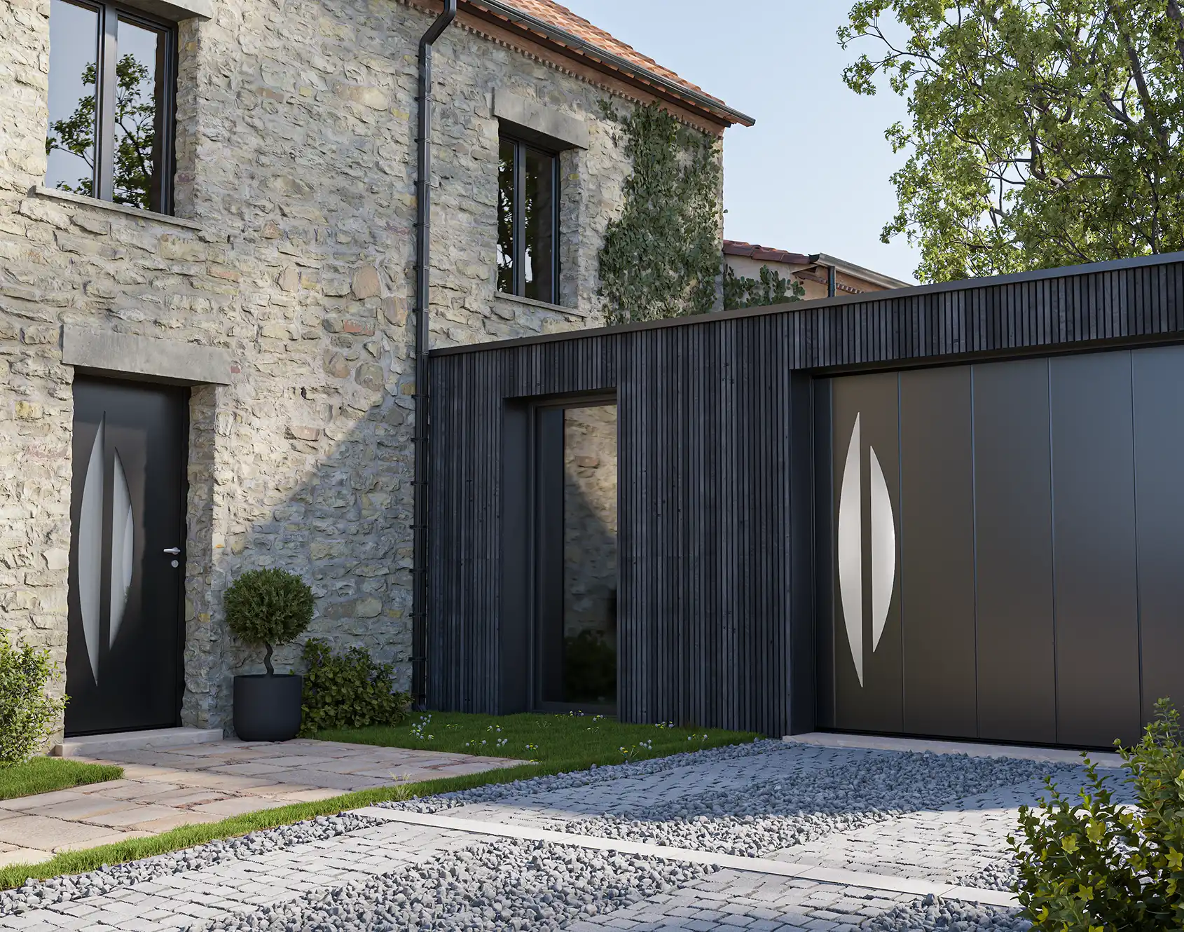 Portail battant aluminim tôlé Selene - Kostum design coordonné Bel'M et Novovferm